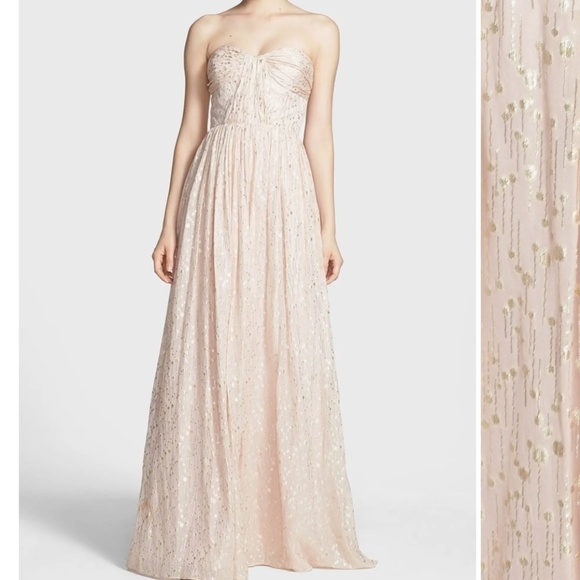 EUC Erin Fetherston Coralie Foiled Silk Chiffon Gown Ivory Gold Size 6 - Picture 1 of 11